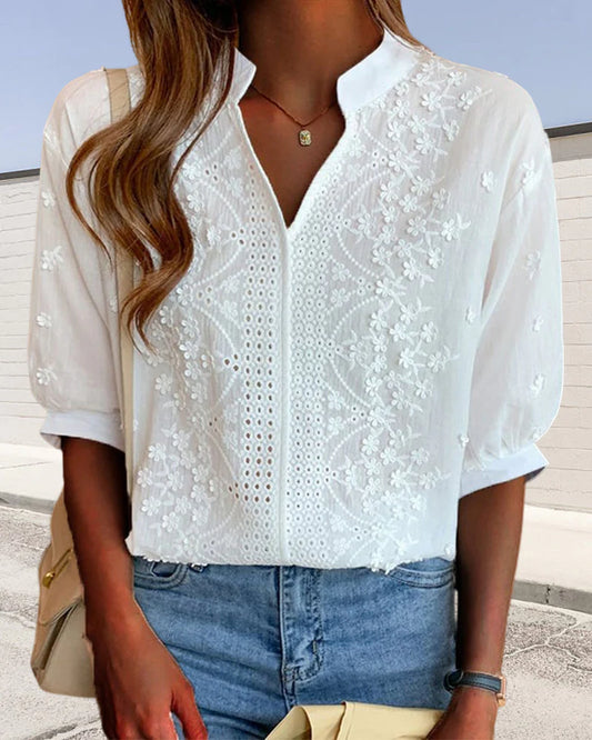 Amara – Embroidered Blouse with Split Collar